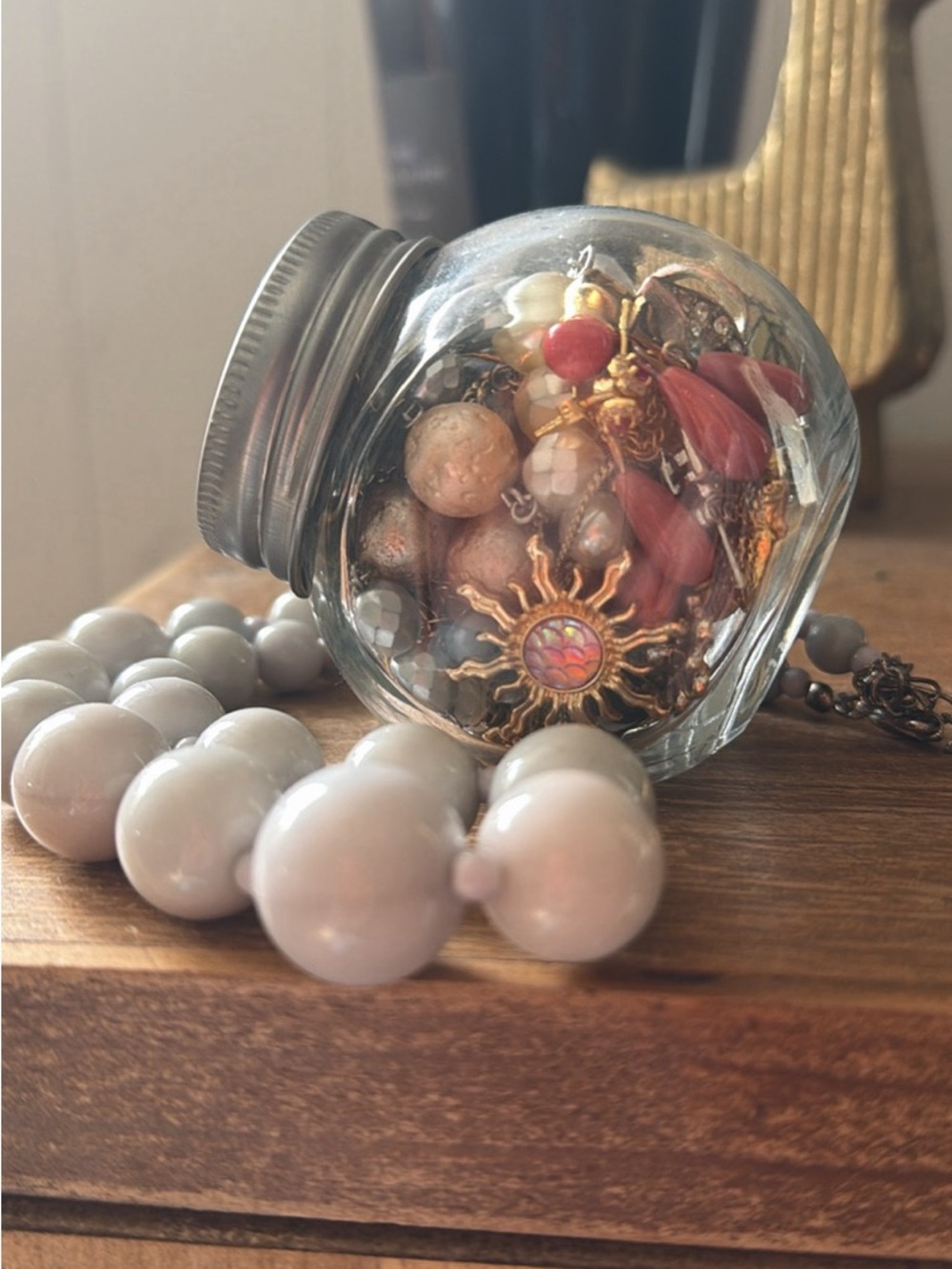 Warm romantic blush and gray mystery mini jewelry jar - lots inside even when sm - Picture 2 of 5